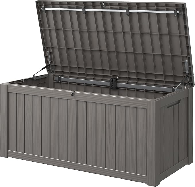 Outdoor Storage Box, 150 Gallon Large Outdoor Resin Deck Box, Storage Waterproof Boxes Lockable Lid for Garden Tools, Pool Supplies, Patio Furniture and Cushions, Grey