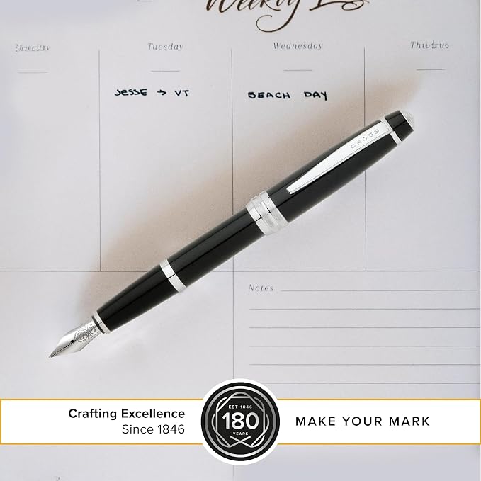 Cross Bailey Refillable Fountain Pen, Medium Nib Gift Set, Includes Fountain Pen, Ink Cartridges, Bottle Ink, Converter, Premium Gift Box - Black