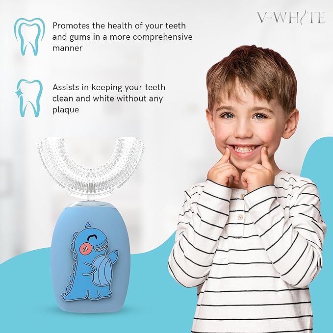 V-WHITE Kids Auto Brush Ultrasonic U-Shaped Toothbrush – 360° Teeth Cleaning, Hands-Free Electric Autobrush for Kids – Gum Protection, Waterproof IPX7, Wireless Charging (Blue)