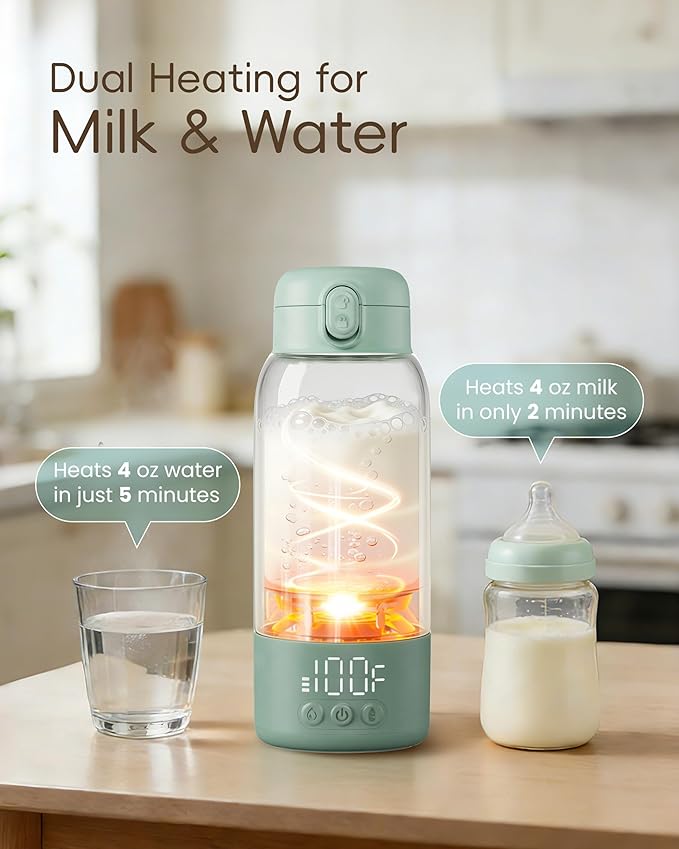 Portable Bottle Warmer for Travel, Baby Milk Warmer with Fast Heating & Long Battery Life, 17 Ounces Large Capacity Bottle Warmer with Long-Lasting Keep Warm Function, Green