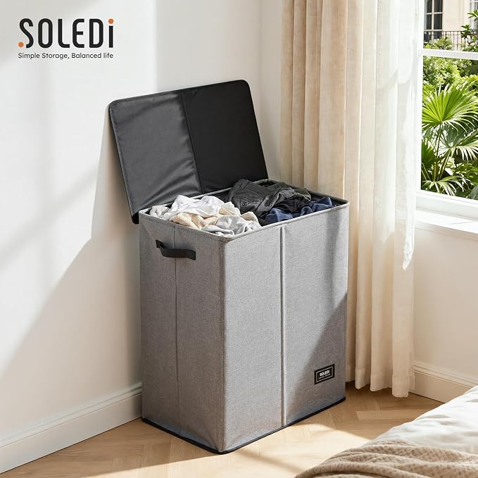 SOLEDI Double Laundry Basket with Lid and Removable bag, Large Laundry Hamper 2 Section with handles, Collapsible Dirty Clothes Hampers for Laundry, Bedroom, Dorm, College