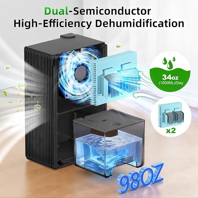98 OZ Small Dehumidifier for Home 1000 Sq Ft, Quiet Dehumidifier with Drain Hose, Auto Shut-Off, Sleep Mode, 7-Color Light for Basement, Bedroom, Bathroom, Closet, RV (Black)