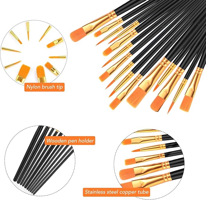 AROIC Paint Brush Set, 10 Pack 100 Pcs Acrylic Paint Brushes Artist Paint Brushes for Oil Watercolor Acrylic Face Rock Painting（Black）