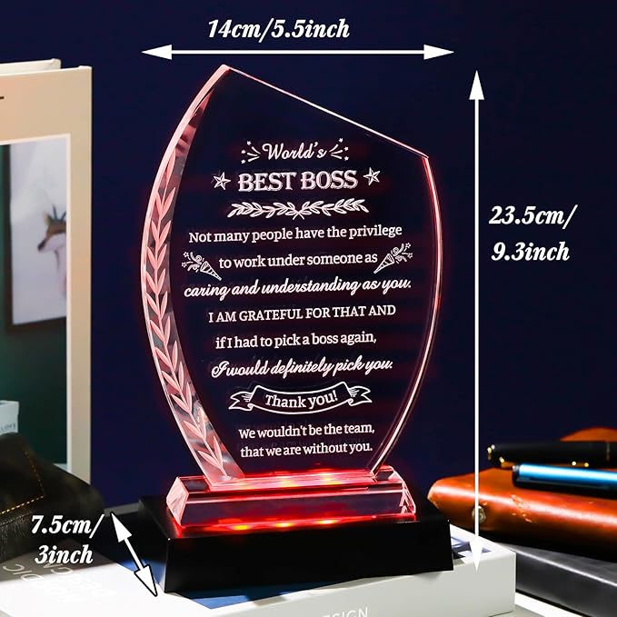 Movdyka Boss Gifts for Women Men Bosses Appreciation Gifts for Woman, Crystal Plaque with Colorful Light Base, Boss's Day Gifts Farewell Retirement Goodbye Birthday Office Decor