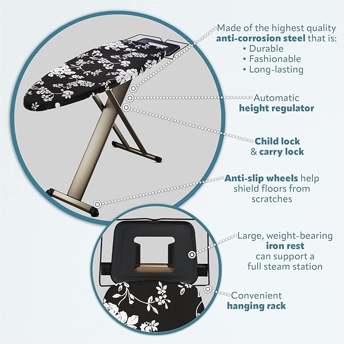 Bartnelli Pro Luxury Ironing Board - Extra Wide 51x19” with Heavy Duty Steam Iron Rest, and Wheels for Easy Storage, Adjustable Height, T-Leg, Foldable, European Made