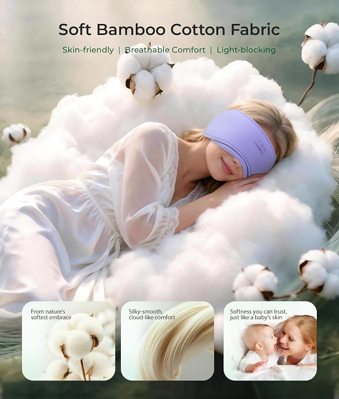 MUSICOZY Sleep Headphones Eye Mask Bluetooth 5.4, Bamboo Cotton Full Coverage Headphones Headband for Side Sleepers, Wireless Earphones with Speaker Sleep Music Earbuds for Men Women (Lavender Purple)