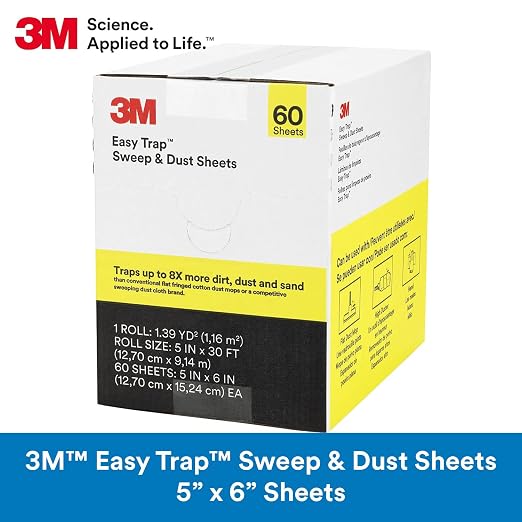 3M Easy Trap Sweep and Dust Sheets, 1 Roll of 60 5" x 6" Sheets, Disposable Easy Sweep Floor Duster, Picks Up 8x More Dirt, Dust, Sand, Hair, Works on Dry or Wet Surfaces, Hardwood Floors, 59032W