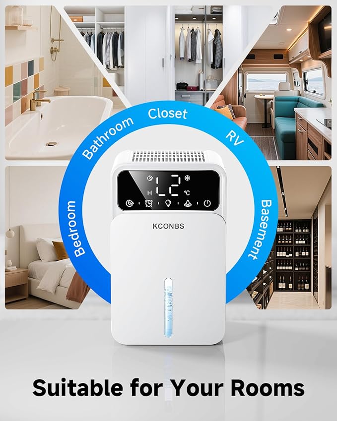 Dehumidifier for Home, 60 OZ Capacity, Auto Shut-Off for Medium Rooms up to 500 Sq.Ft, Portable Quiet for Bedroom Bathroom Basement, 24H Timer & 7 Color Lights (White)