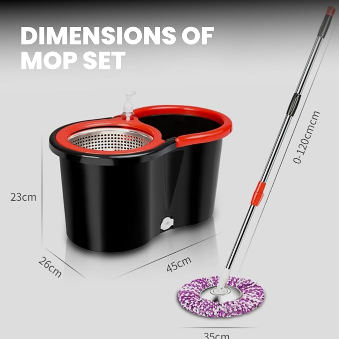Spin Mop & Bucket Set with 2 Microfiber Mop Heads – Durable Stainless Steel & ABS Build – Black Red, Blue, Purple Colors – Bucket with 90–120cm Telescopic Handle