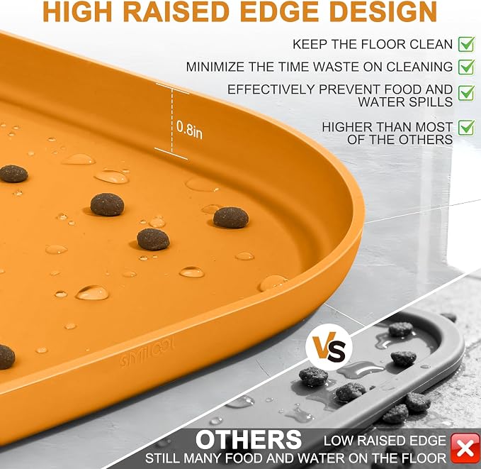 SMILOOL Waterproof Silicone Pet Food Mat with Raised Edge for Dog & Cat | 24" x 16" Non-Slip Pet Feeding Mats with Lip for Food & Water Bowl, Food Grade, Easy Cleaning, Orange