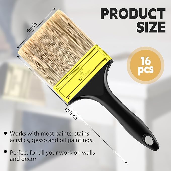 Teenyyou 16 Pcs 4 Inch Paint Brushes Flat Chip Paintbrushes Bulk with Treated Plastic Handles Professional Painting Tools for Paint Stains Deck Door Furniture Home Wall Trim DIY