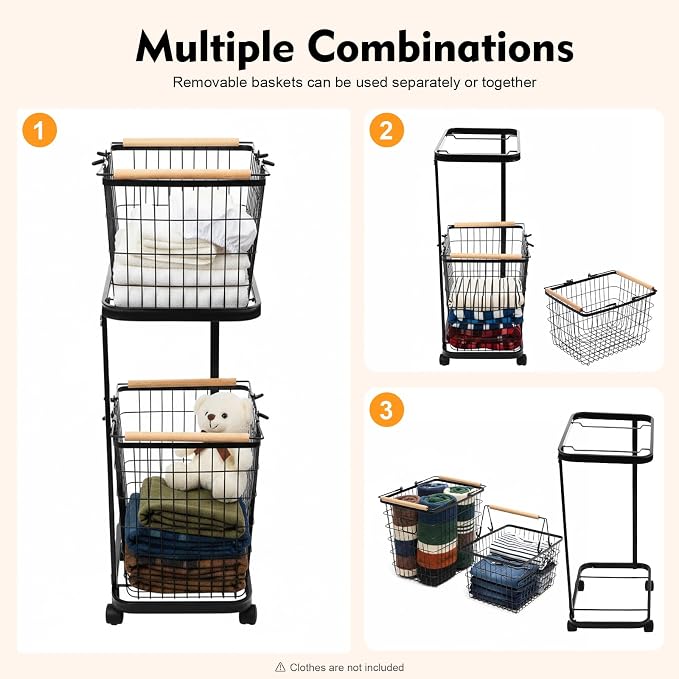 2 Tier Laundry Basket, Removable Metal Wire Laundry Cart with 4 Universal Wheels Rolling Laundry Basket Floor Standing Clothing Garment Sorting Hamper Organizer Load Bearing Capacity 88.18 lbs (Black)