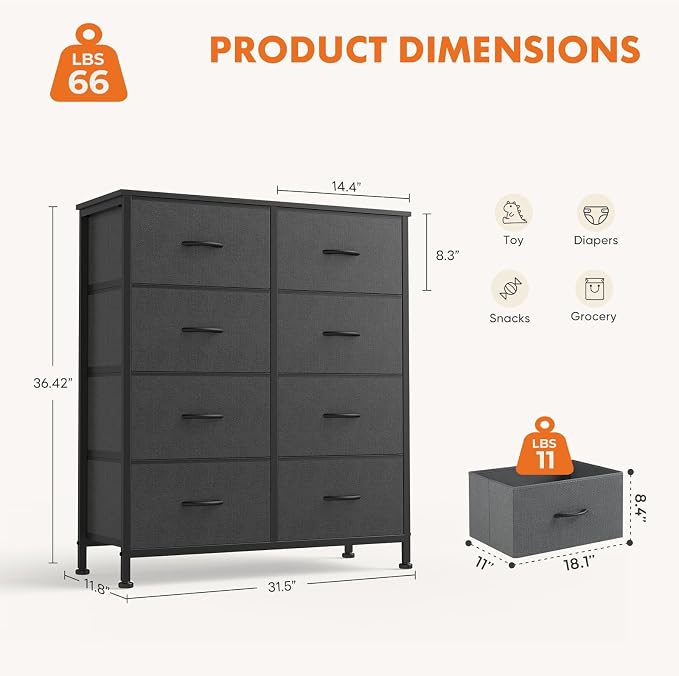 Sweetcrispy 8 Drawer Dresser with Fabric Bins Fabric Storage Tower Organizer for Bedroom Closet Hallway Entryway Tall Chest of Drawers with Steel Frame Wood Top Easy Pull Handles,Grey