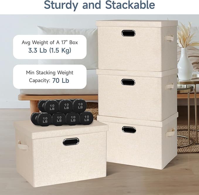 Graciadeco Large 17" 36 Quart Collapsible Stackable Storage Bins with Lids, 3 Packs Light Orange Linen Fabric Closet Boxes with Lids, Storage Cube Baskets Container Organizers for Office (17x12x11)