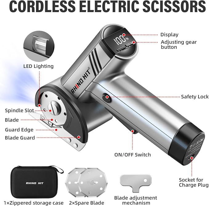 Cordless Electric Scissors, Rechargeable Rotary Cardboard Cutter with LED Light & Safety Lock, 4-Speed Adjustable, 3 Blades for Fabric, Carpet, Leather & Carton, with Storage Case(silver)