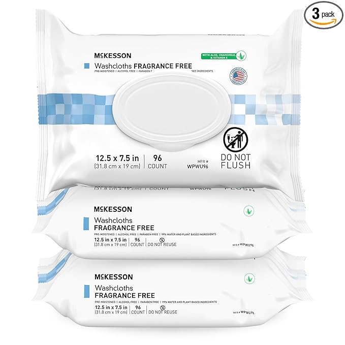 McKesson Washcloth Wipes, Unscented - Disposable Wet Wipes for Adults - Fragrance-Free, Alcohol-Free - No-Rinse Formula - Snap Lid Soft Pack, 96 Count, 3 Packs, 288 Total