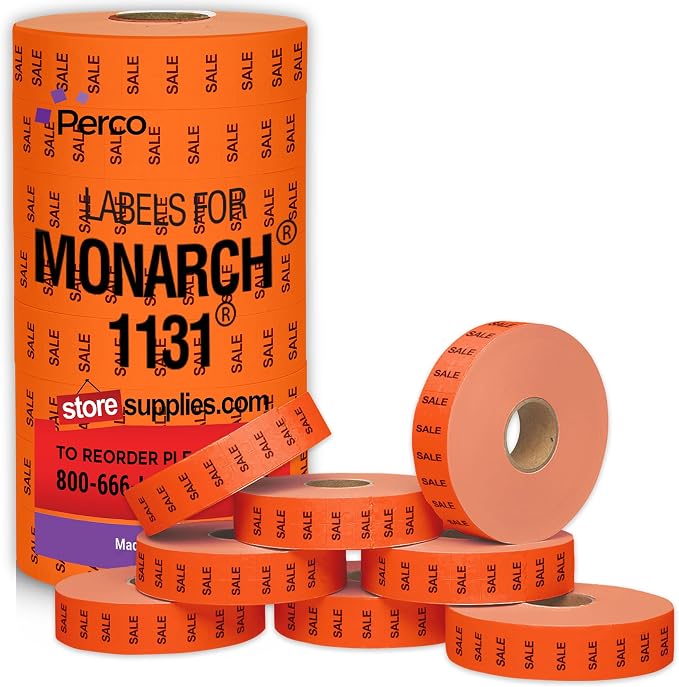 Pricing Labels for Monarch 1131 Sale Fluorescent Red - 20,000 Labels w/ 8 Rolls Value Pack, 1 Sleeve - Made in USA