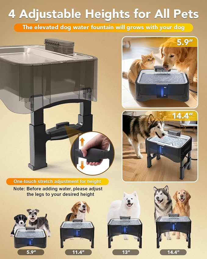 UPSKY 8.5L Elevated Dog Water Fountain with 4 Heights Adjustable, Grey | Larger Dog Water Dispenser, 304 Stainless Steel Tray, 5-Layer Filtration, Anti-skid, for Senior/Large Dogs & Multi-pet Homes