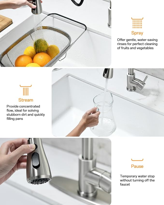Kicimpro Kitchen Faucets with Pull Down Sprayer, NSF Certified Lead-Free 304 Stainless Steel Sink Faucet 1 Hole, Faucet for Kitchen Sink, Rv, Bar, Camper, Laundry, Easy Installation,Brushed Nickel | 3 Spray Modes, 360 Swivel, Deck Plate, SUS304, Fits 1...
