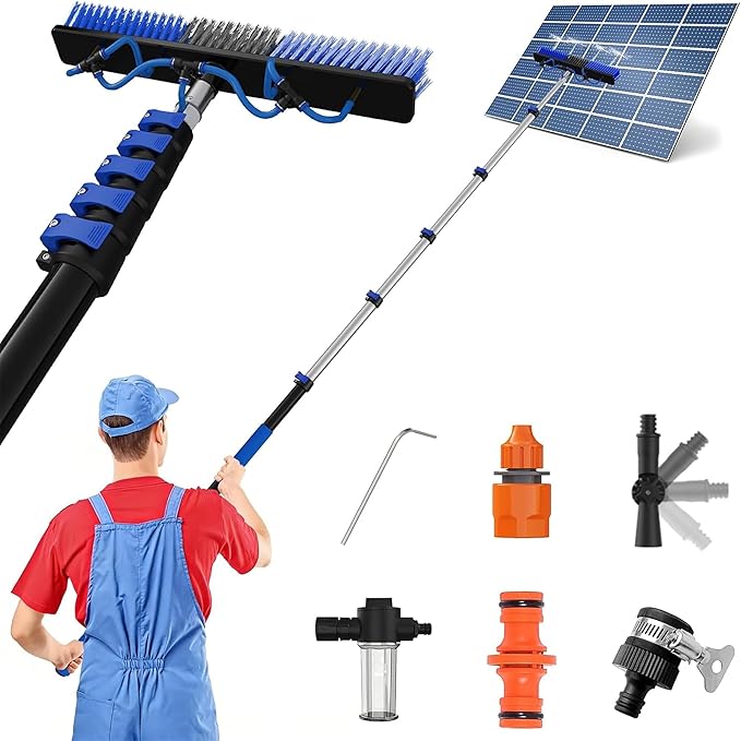 5-20FT Solar Panel Cleaning Brush Kit - Telescopic Pole with Dual Action Flip-Lock & Screw Fixing, Water Flow & Soap Dispenser, Ideal for Snow Removal, Windows, Boats, RVs, Decks