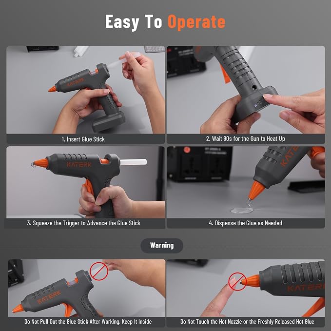 Katerk 12V Cordless Hot Glue Gun Kit with 24 Glue Sticks, 90s Fast Heating | Wireless Heavy Duty Glue Gun and Sticks Set (11×150mm), Rechargeable 2500mAh Battery, Drip-Free for Crafts DIY, Repair, Gift