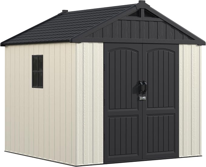 Greesum 8x8FT Plastic Shed, Easy-to-Assemble Resin Shed for Yard, Beige | 35% Fewer Screws for Fast Setup | Eco-Friendly HDPE | Kick-it Easy Assembly | Lockable Door with Adjustable Windows