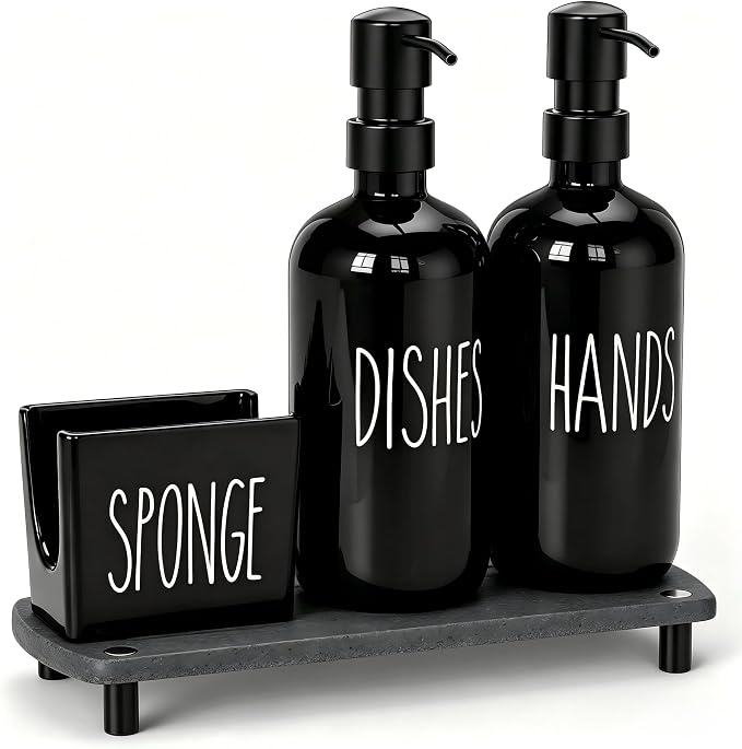 Cisily Black Soap Dispenser Set with Ceramics Sponge Holder, Kitchen Decor | Black Stainless Steel Pumps, Instant Dry Tray