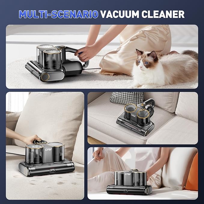 CFBF Mattress Vacuum Cleaner, Bed Vacuum Cleaner with 16Kpa Suction 253.7nm UV-C Light, Ultrasonic & High Heating, 500W Powerful Double-Cup Handheld Vacuums
