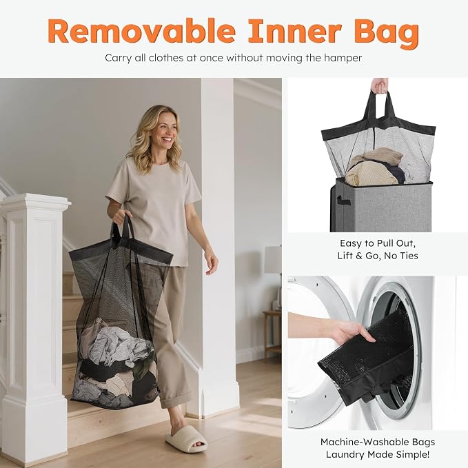 SOLEDI Laundry Hamper with Lid 100L Large & Tall Collapsible Laundry Basket, Clothes Hamper with Bag Removable Easy to Carry, Dirty Hampers for Bedroom, Bathroom, Dorm, College, Grey