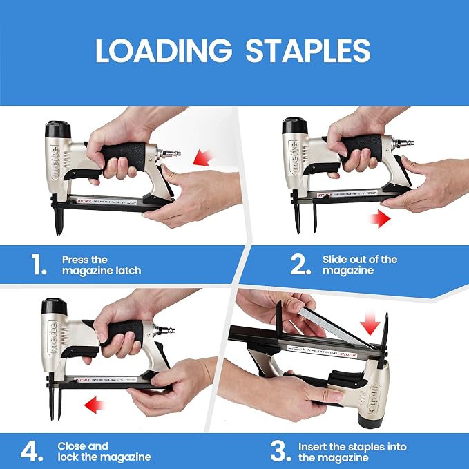 meite MT7116LN Pneumatic Upholstery Stapler 22 Gauge 71 Series 3/8" Crown 1/4" to 5/8" Length Long Nose Stapler