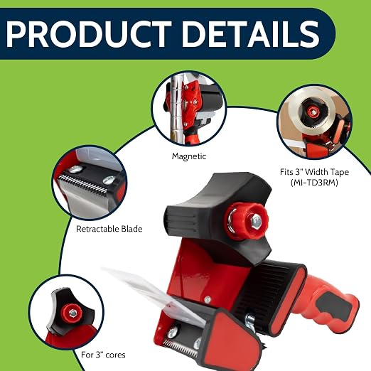 3-Inch Tape Dispenser with Heavy-Duty Magnet for Metal Surface Mounting, Retractable Safety Blade, Adjustable Tension Control - Ideal for Shipping, Packing, Moving, Warehouse, and Office Use (1 Count)