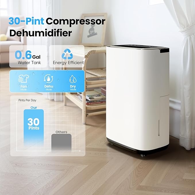 Manistin 3000 Sq.Ft Dehumidifier for Basement with Drain Hose, 30 Pint Dehumidifiers for Home, 3 Modes, Humidity Display & Timer & Child Lock, Large Room Compressor for Bedroom/Bathroom/Laundry