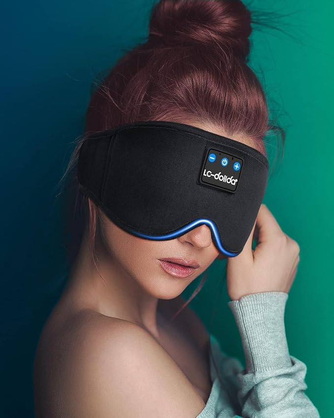 Sleep Mask with Headphones Bluetooth 5.4, LC-dolida Wireless Music Eye Mask for Sleeping Headphones with Soft Silk Cooling Breathable,Ultra-Thin Stereo Speaker for Side Sleepers-Raven