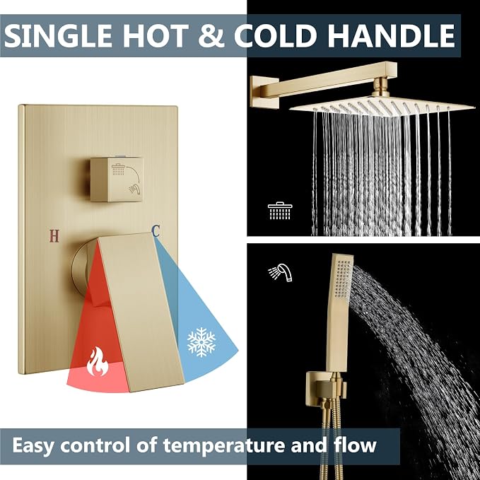 Aolemi Shower Faucet Set Rain Shower System with Handheld Spray Bathroom Shower Combo Rough-in Valve and Shower Trim Kit Included Brushed Gold 10 Inch Wall Mount Shower Head