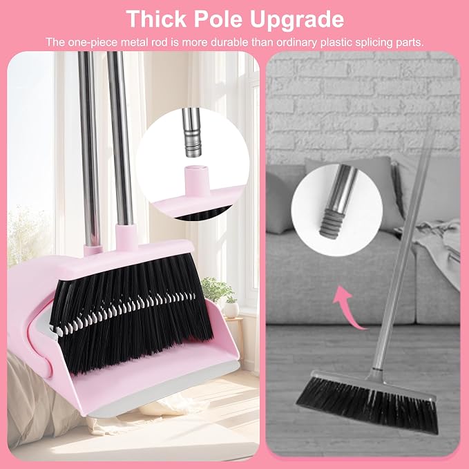 BSKLIN Broom and Dustpan Set for Home, 52" Long Handle Standing Broom Set with Dustpan Self-Cleaning Teeth for Hair Removal Heavy Duty Indoor Outdoor Sweeping Kit for Kitchen Garage (Pink)
