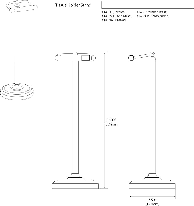 Gatco 1436C Toilet Paper Holder Stand, Chrome Finish, Freestanding Bathroom Floor Stand, Pedestal, Weighted Base, 22 Inch