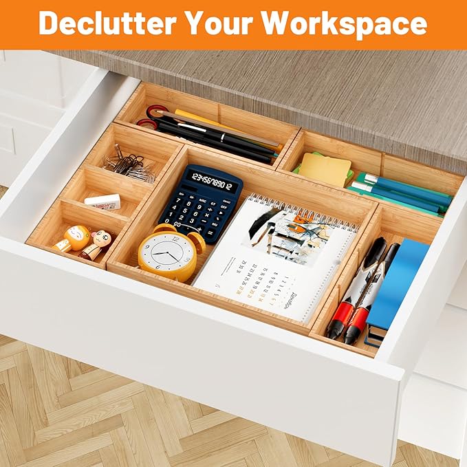 SpaceWhisper Bamboo Drawer Organizer, 5-Piece Drawer Divider with Removable Dividers for Organization and Storage, Multi-Use Stackable Storage Box & Utensil Holder for Kitchen, Office, Makeup & More