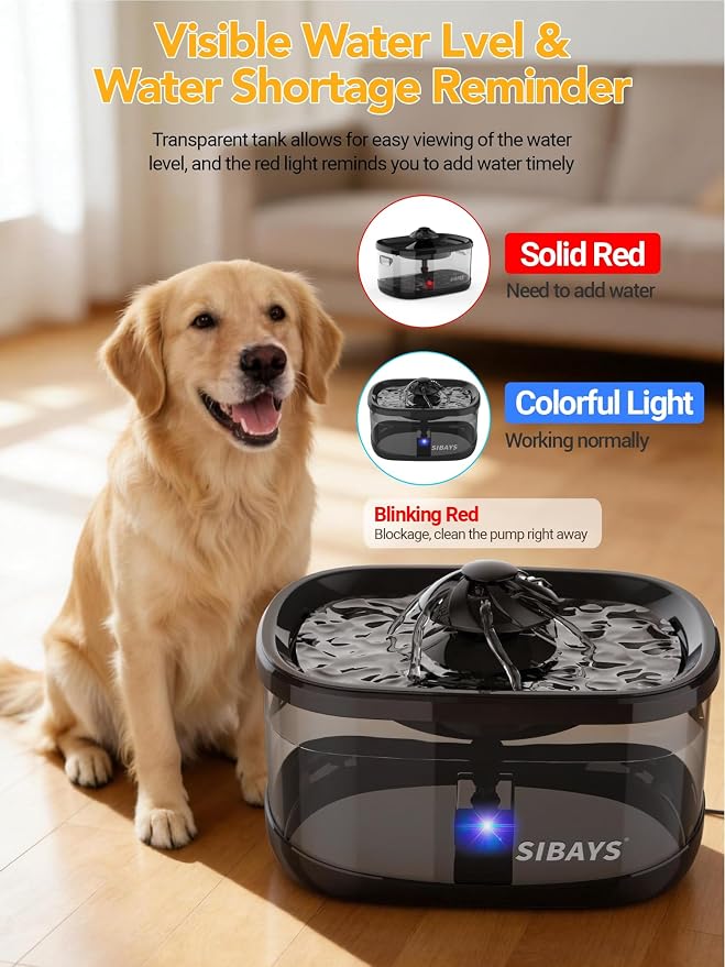 SIBAYS 9.5L/2.5Gal Dog Water Fountain, 3 Flow Modes Automatic Pet Water Fountain with LED Light & Water Shortage Reminder, Ultra Quiet Dog Water Bowl Dispenser for Large Dogs & Multi-Pet (FS82, Black)