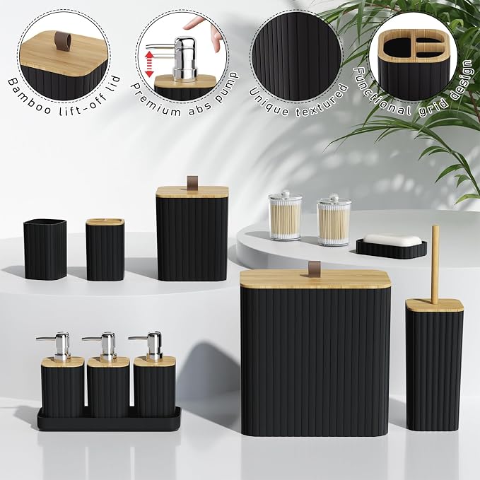 Bathroom Accessory Set - Black Bathroom Set, 12PC Bathroom Accessories Set, Black Bathroom Accessories Set, Mini Trash Can, Toilet Brush, Trash Can & Soap Dispenser