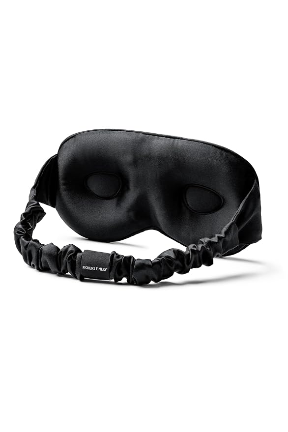 Fishers Finery 25 Momme 100% Organic Mulberry Silk 3D Sleep Mask - Contoured Blackout Eye Mask - Soft, Comfortable on Skin, Lash Extension Friendly, Adjustable Elastic - New and Improved Style (Black)