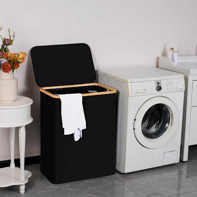 efluky Laundry Hamper with Lid, Trio Laundry Basket with 2 Removable Bags, 3 Section Laundry Bin with Bamboo Handles for Bathroom, Bedroom & Laundry Room, 160L (42.3 Gallon) Black
