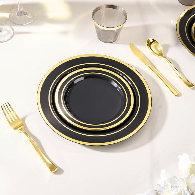Goodluck 600 Pieces Black Plates for 100 Guests, Plastic Plates for Party, Dinnerware Set of 100 Dinner and 100 Dessert Plates, 100 Spoons, 100 Forks, 100 Knives, 100 Cups