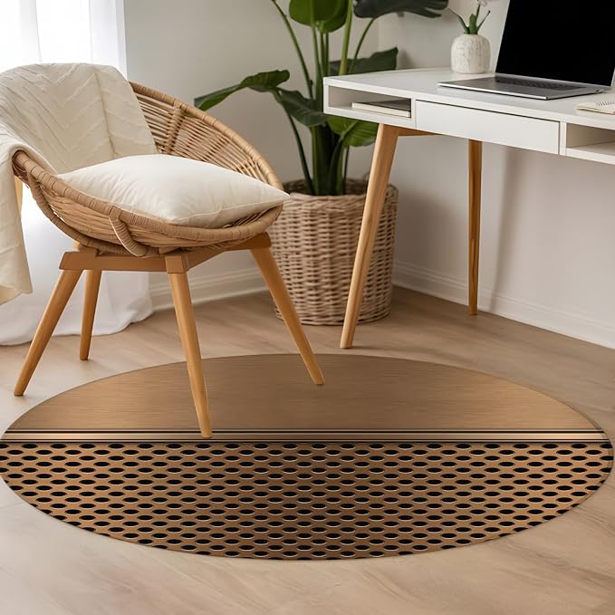 4 Ft Round Rug for Home Office, Brown Metal Hole Indoor Accent Rugs for Living Room, Modern Copper Net Eye Hole Pattern Decorative Circle Carpet Washable Low Pile Non Slip, Soft Rug for Bedroom
