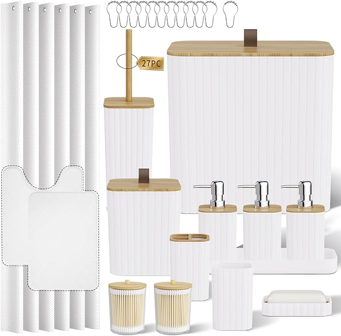 Bathroom Accessory Set - White Bathroom Set, 27PC Bathroom Accessories Set, Bathroom Sets with Shower Curtain and Rugs, Mini Trash Can, Toilet Brush, Trash Can & Soap Dispenser