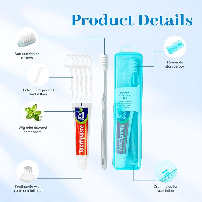 Travel Toothbrush Kit Includes Travel-Sized Toothbrushes, 25g Travel Toothpaste, 5 Floss Picks, a Travel Toothbrush Holder, Ideal for Home, Hotels (Blue, Pink, 20-Pack)