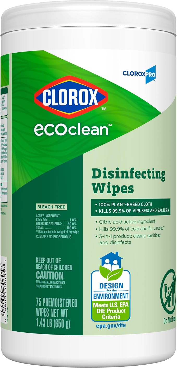 CloroxPro Clorox EcoClean Disinfecting Wipes, Multi Purpose Bleach Free Cleaner, Made with Citric Acid and Plant Based Ingredients, Antibacterial Disinfectant, Multi Surface Use, 75 Ct, Pack of 6