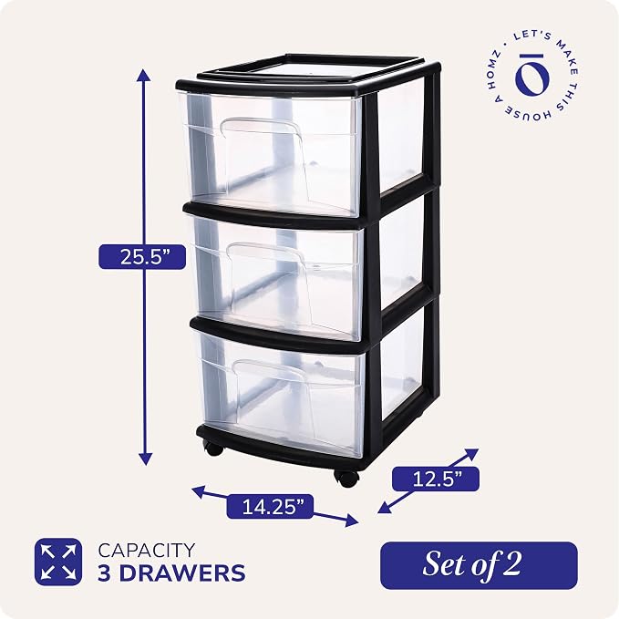 HOMZ 2-Pack Drawer Tower, 3-Tier Clear Plastic Storage Organizer Cart, Black Frame - Organizing Containers with Wheels for Home, Bathroom, Bedroom, Office, and Classroom
