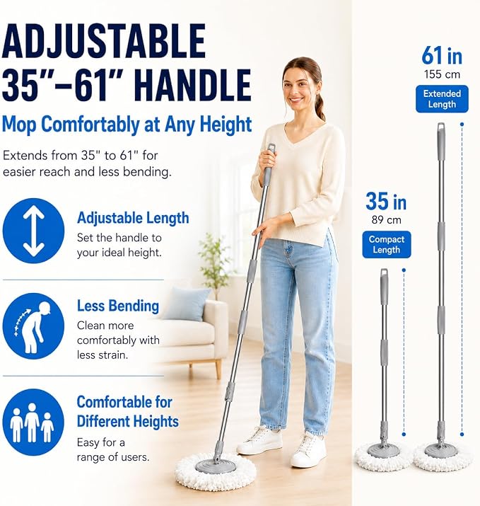 RinseWise Easy-Use Gen 2 Spin Mop and Bucket for Pet & Family Homes, Shower-Style Rinse, Clean & Dirty Water Separation, 1.5 Gal Clean Water Capacity, 4 Swivel Wheels, 61" Handle, 6 Mop Heads - Blue