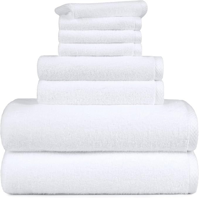 Amazon Basics 100% Cotton Soft Quick-Dry 8-Piece Towel Set, Bath Towels, Hand Towels, Washcloths, White, Compact & Lightweight (Pack of 6)