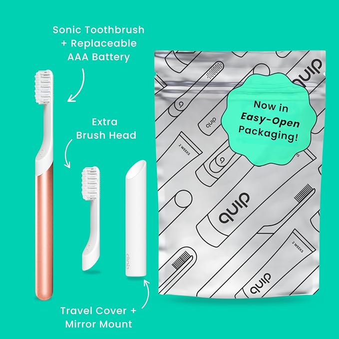 Quip Sonic Toothbrush for Adults with Timer - Includes Extra Brush Head and Travel Cover Mount - Electric, Soft Bristle Refill Head, Metal Handle, 3 Month Battery Life - Travel Toothbrush - Copper